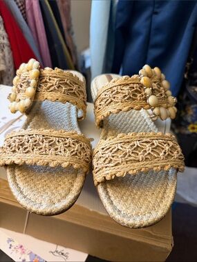 Sam Edelman Natural Raffia Braided Slide Mules with Beaded Buckle